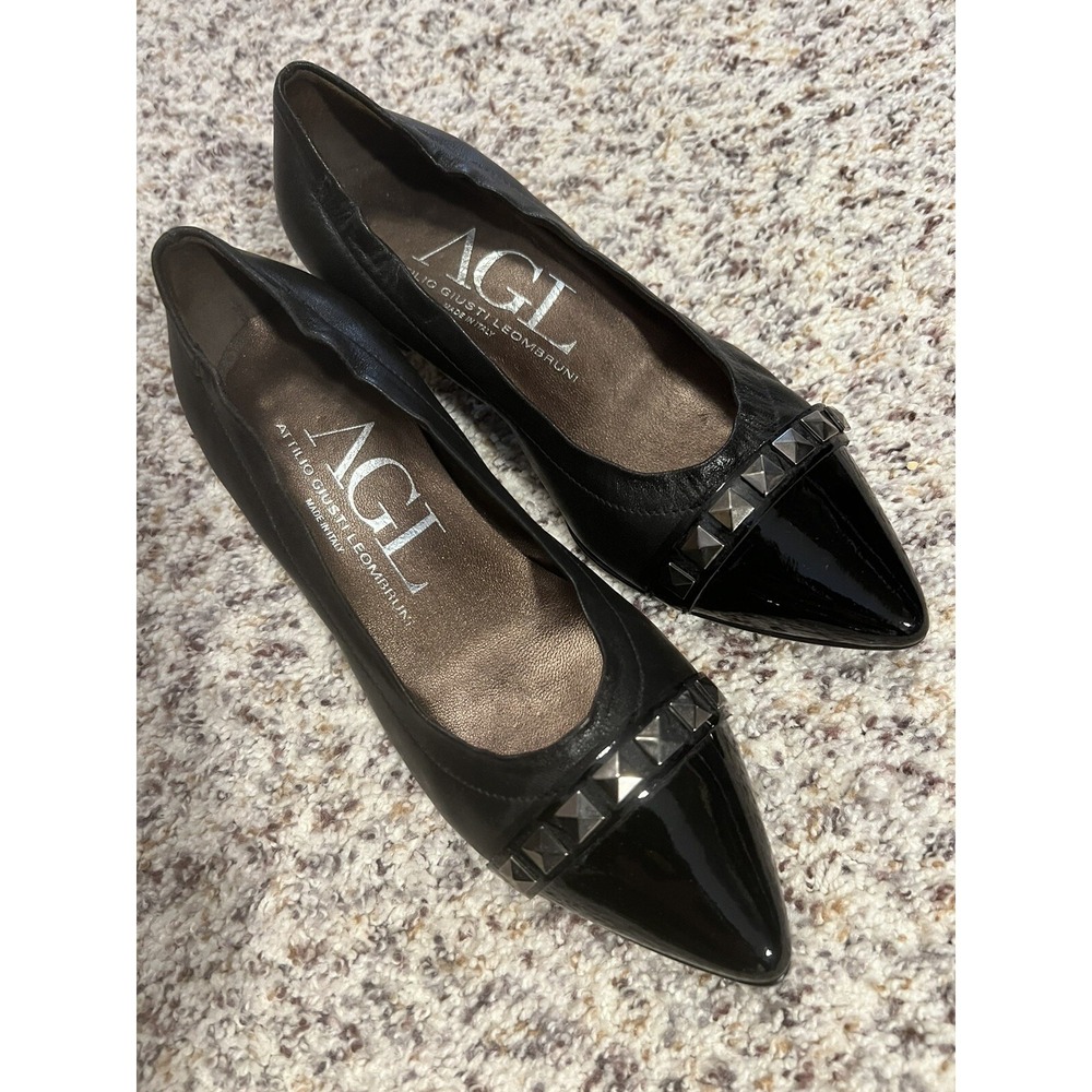 AGL ATTILIO GIUSTI LEOMBRUNI Leather Black Shoes PYRAMID STUD POINTY TOE 36.5